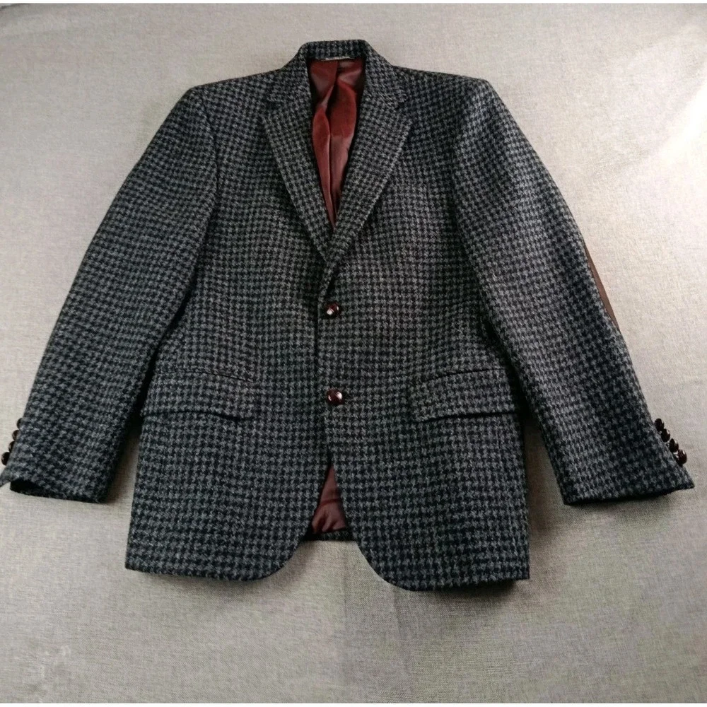 Harris Tweed Blazer Mens 38 S Charcoal Houndstouth Wool Elbow Patches Jacket